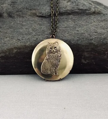 Vintage Kitty Cat Locket Necklace Antique Brass Photo Pendant Pill Keepsake Box • $45