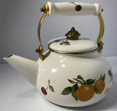 Vintage Metal Enamel Fruit Teapot Kettle With Lid & Wood Handle • £17.57