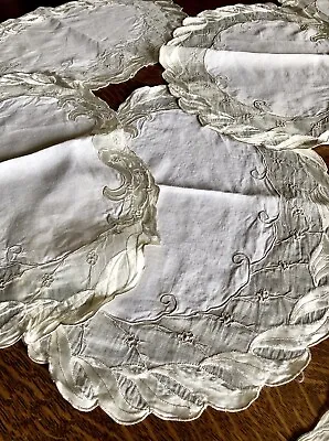 Vtg ANTIQUE 1930s MADEIRA LINEN *Organdy & Satin Embroidered PLACEMATS-Napkins • $95