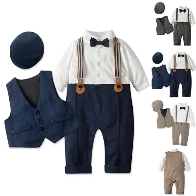 3PCS Baby Boy Gentleman Outfit Bowtie Jumpsuit + Vest + Hat Wedding Suit Set • £3.79