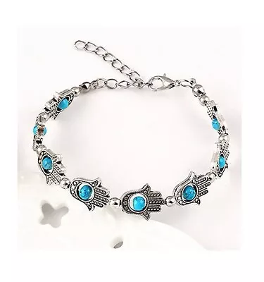 Women's Silver Turquoise Hamsa Fatima Charm Hand Beads Bangle Chain Bracelet UK  • £3.88