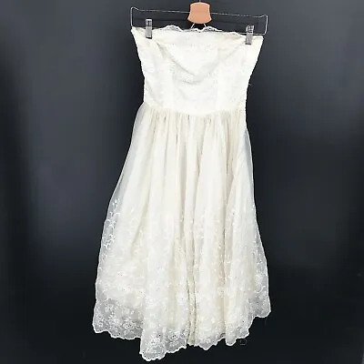 Vintage HANDMADE Chiffon Strapless Midi Lace Wedding Boho Prairie Dress 0 2 4 • $90