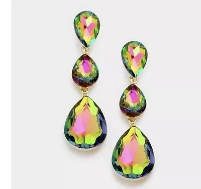 3” Long Ab Green Fuchsia Pink Vitrail Austrian Crystal Pageant Earrings • $14