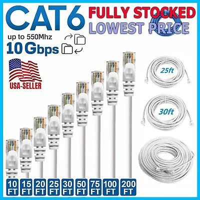 CAT6 Patch Network Cable Rj45 Ethernet 6ft 10ft 25ft 50ft 100ft 200ft Lot White • $4.47