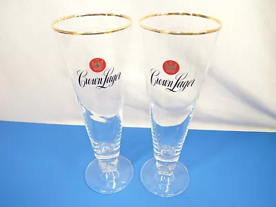 Set Of 2 CROWN LAGER Footed Beer Glasses 300ml Carlton & United Breweries VGC • $24.95