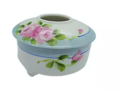 Vintage Hair Receiver Trinket Dish Floral Porcelain Hand Painted Footed W/ Lid • $28.97