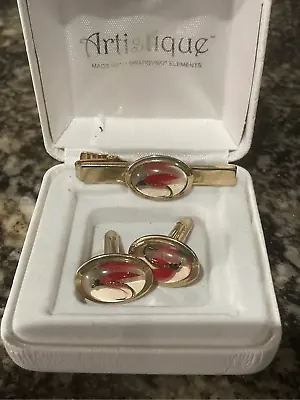 Vintage Anson Red Fly Fishing Bait Cufflinks And Pin Gold Tone Fishermen Fishing • $49