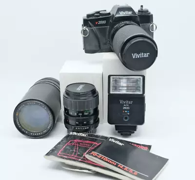 EXC++ VIVITAR V2000 35mm SLR 3 Lenses Bag & Flash TESTED NICE! Just Add Film • $69