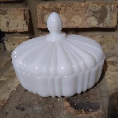 Vintage Anchor Hocking Milk Glass Covered Candy Dish With Lid Ribbed Round • $16