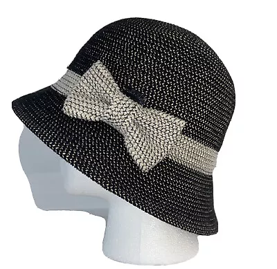 Betmar New York Womens Bucket Hat Black W/ Off White  Bow Gold Shimmer  One Size • $18.95