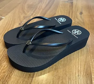 Tory Burch Wedge Flip Flops Black Size 8 Beach Sandals Summer Thongs Thin Strap • $59.79