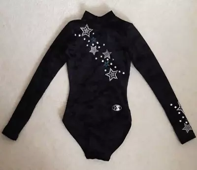 Stunning THE ZONE Black Velor  Metallic Star Design Long Sleeved Leotard Size 30 • £12.99