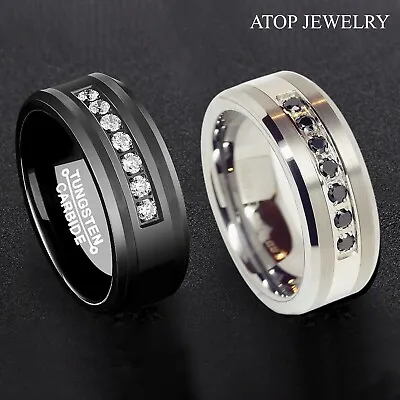 8mm Black/Silver Tungsten Carbide Ring Inlay Comfort Fit ATOP MEN Wedding Band • $20.99