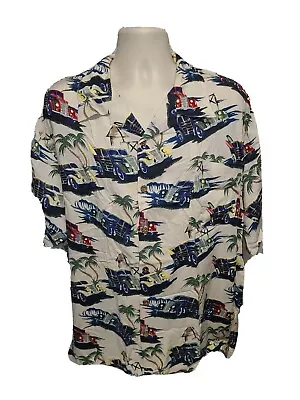 Pacific Blue Mens Cream XL Hawaiian Button Front Shirt Cars Coconut Tree • $18