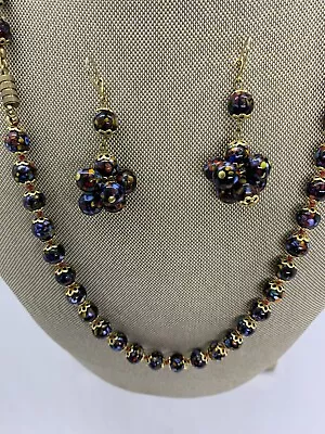 Vintage Venetian Millefiori Blue Glass Bead Necklace Earring Set Barrel Clasp • $65