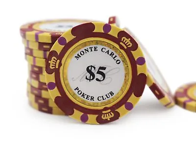 100 Monte Carlo Poker Club 14g Premium Clay Poker Chips - Red $5 Denomination • $35.96