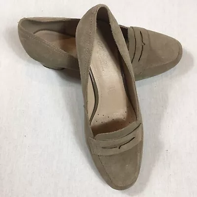 £14.99 • Buy M&S FOOTGLOVE UK 5.5 Beige Suede Wider Fit Loafer Style Shoes 2” Block Heel
