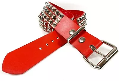 Vegan Red Leather Three Row Pyramid Stud Belt Genuine Punk Goth  Metal Funk Plus • $34.99