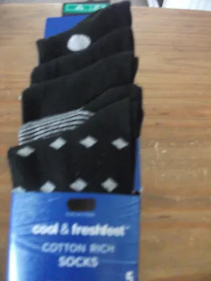 M  & S 5 Pr. MENS SOCKS COOL FRESH COTTON BLACK  POLKA DOT STRIPES DIAMOND 10-12 • £8.99