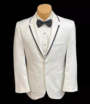 Men's Savoy White Tuxedo Jacket With Black Flat Front Pants Satin Trim 36R 30W • $69.95