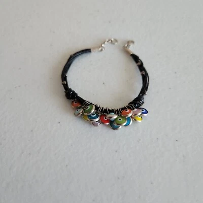 $29.99 • Buy Evil Eye Charms Black Leather Bracelet Sterling Silver