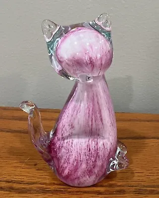 Vintage Murano Style Glass Cat Pink /Clear Figurine Hand Blown Glass 4.5 Inches • $16
