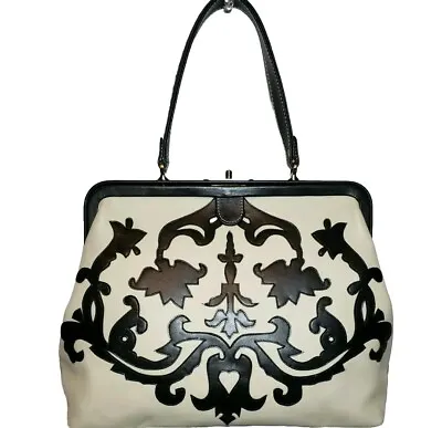 Rare Isabella Fiore Barocco Off White & Black Applique Push Top Handbag Nwot$595 • $289