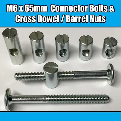 M6 X 65mm Furniture Connector Bolts & Cross Dowel Barrel Nuts Joint Fixing Unit • £3.23