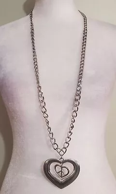 You & I Silver Tone Chunky Heart With Dangling Peace Sign Chain Link Pendant • $12