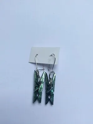 Earrings Metallic Green Novelty Mini Pegs Handmade • £3