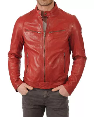 Stylish RED Genuine Lambskin Leather Men's Jacket Handmade New Biker Motorcycle • $119.25