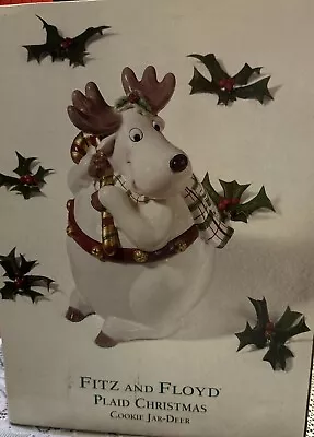 Fitz & Floyd Plaid Christmas Reindeer W/Candy Cane Cookie Jar 10.5  NIB Vintage • $25.99