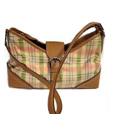 Relic By Fossil Pink & Green Plaid Hobo Shoulder Bag Brown Faux Leather Trim • $19.55