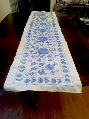 Vintage SUZANI BLUE SILK EMBROIDERY Table Runner Long Wall Hanging FINE • $79.95