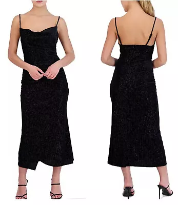 NEW Laundry By Shelli Segal Black Velvet Ruched Midi Dress 12 Party Holiday • $52