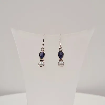 Iolite Pearl Earrings Semi Precious Gemstone Handmade Jewellery • £36.95