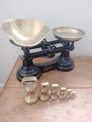 £25 • Buy Vintage Librasco Black Cast Iron Kitchen Scales - Complete With 7 Brass Weights