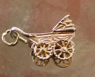 VINTAGE ENGLISH STERLING SILVER MOVABLE Wheels BABY CARRIAGE BRACELET CHARM • $9.99