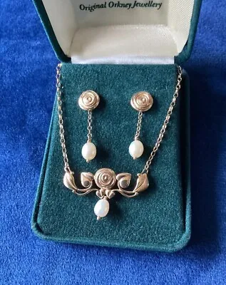 Rare Gorgeous Ola Gorie Scottish 9ct Gold & Pearl Rose Necklace And Earrings Set • £445