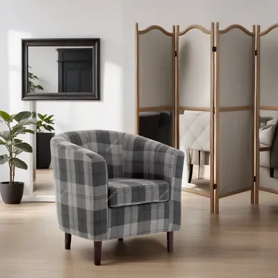 Modern Grey Upholstered Armchair Tartan Fabric Single Sofa Checked Accent Chairs • £109.95