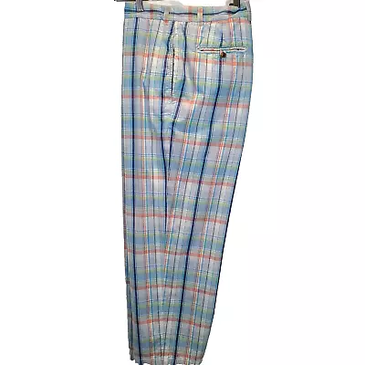 Brooks Brothers Hudson Madras Plaid Pants Mens 40x28 Blue Cotton Flat Front • $14.52