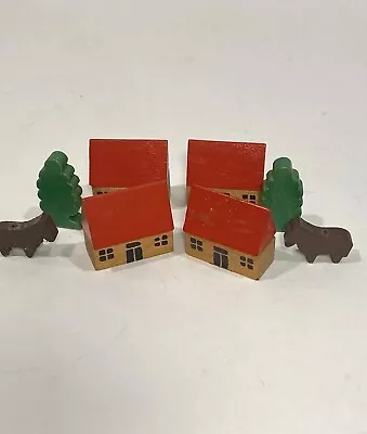 Vintage GERMAN Erzgebirge Putz Wooden Village Farm Miniature House Lot Set Of 9 • $24.50