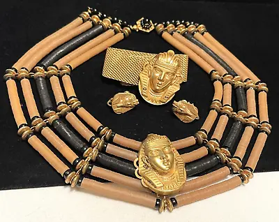 Miriam Haskell Signed Set Rare Vintage Gilt Wood Egyptian Revival 3 Pc Parure A1 • $950