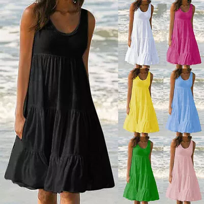 £9.59 • Buy Women's Summer Smock Dress Ladies Holiday Beach Casual Loose Frill Mini Sundress