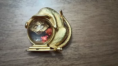 Vintage Gold Cat Goldfish Bowl Pin Brooch Beautiful Color Design Unique & Rare • $10