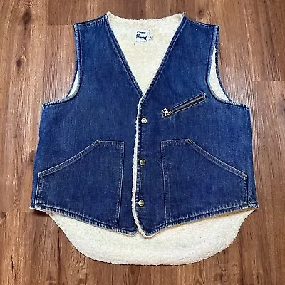 Come On Strong Denim Jacket Vest Mens Large Blue Sherpa Lined Sleeveless Snap • $25