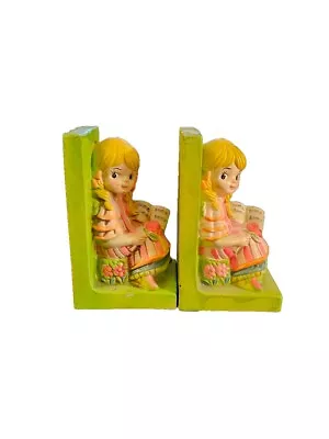 Vintage Holiday Fair Mod Girls Bookends Composite Fluorescent Glow 1969  • $21.95