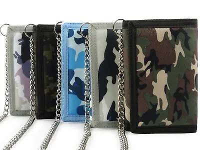 Mens Camouflage Canvas Tri-Fold Wallet With Chain & Clip • £6.99