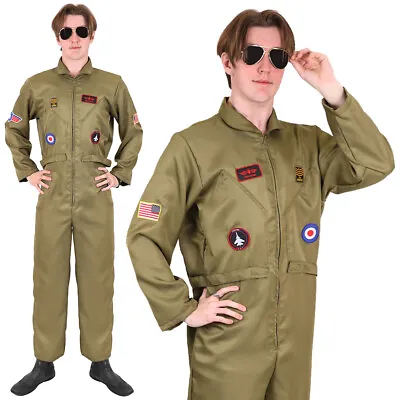 Mens Fighter Pilot Costume Us Army Top Flight Fancy Dress Green Jumpsuit • £17.99