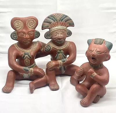 VTG LG Aztec Mayan Mexico Terracotta Hand-Painted Parents & Baby Sculptures • $37.80